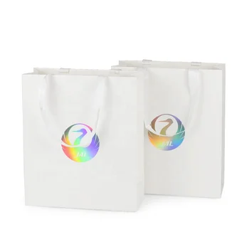 Luxury Custom Logo Printing Large Advertising Glitter Hologram Silver Foil Logo White Gift Carrier Paper Bag