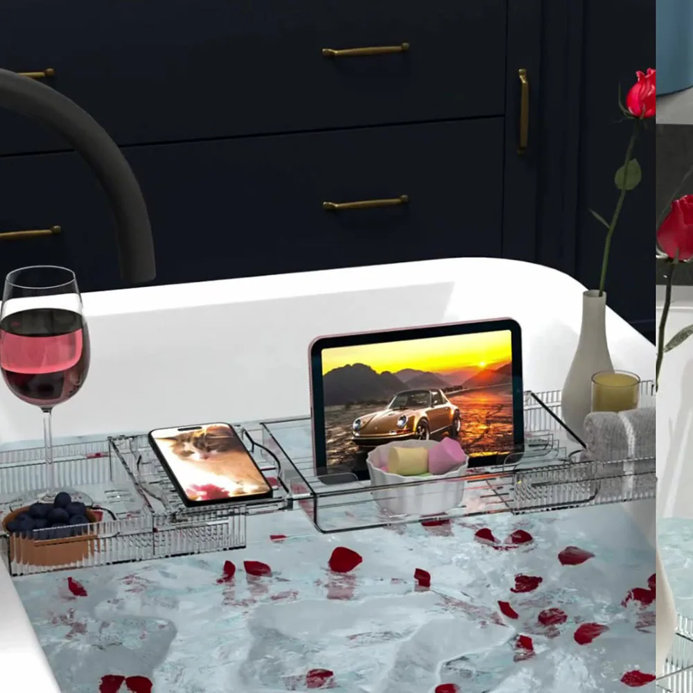 Cross Border Acrylic Retractable Bathtub Rack Household Transparent Storage Makeup Organizers