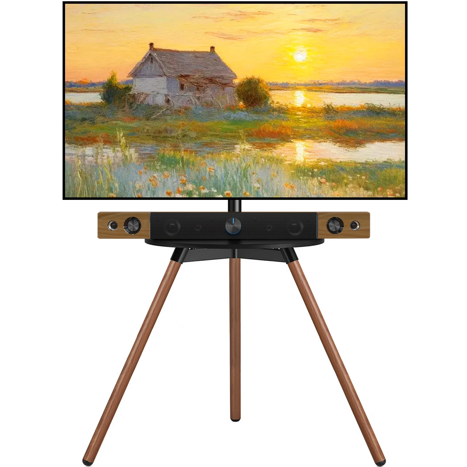 Alloy Steel with Heat Transfer Printing Walnut Tripod Stand, Easel TV Mount with Three Legs and Elliptic MDF Sounder Bar Shelf