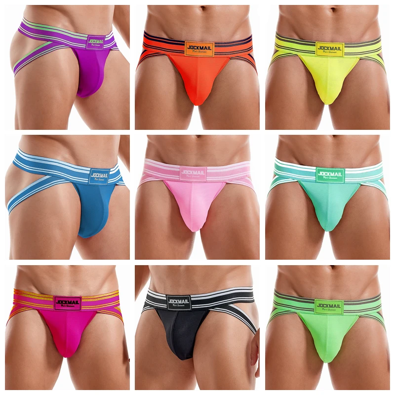 JOCKMAIL New Sexy Men Underwear Gay Low Waist Style Jockstraps Sissy T-back Sheer Mesh Male G-string Open Back Underpants