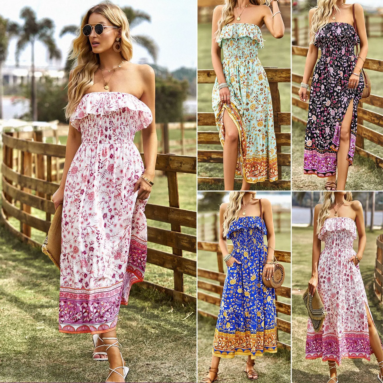 Vestido Largo De Algodón, Vestido Rojo Floral, Vestido Bohemio Largo De Algodón Sin Mangas Con Cuello Halter, Regalo De Navidad Para Mujer, Regalos Para Ella VESTIDO IBIZA - México