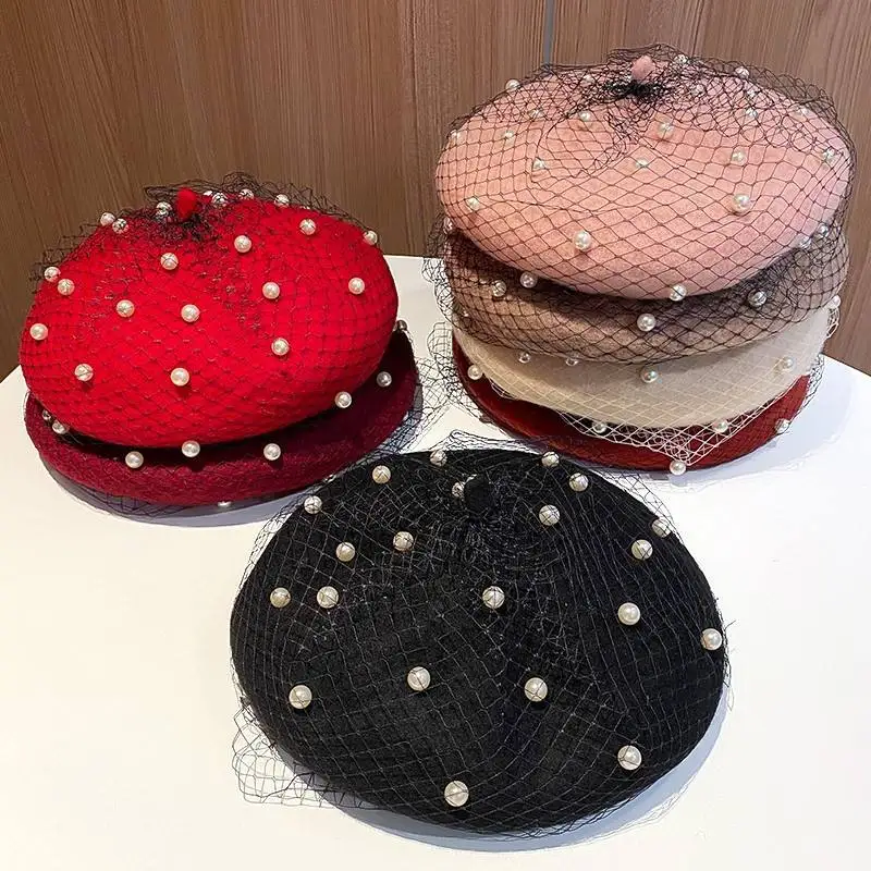 Custom Logo Mesh Berets Pearl Beaded Cap Autumn Winter Retro Wool Beret Hats for Women Embroidery Boina