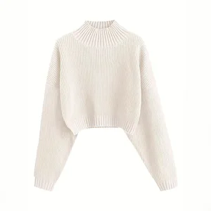 Cross-border Foreign Trade AliExpress Korean Thick Solid Color Lantern Sleeve Crewneck Sweater Women's Loose Pullover Wool Short