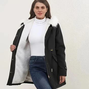 Women's faux fur down coat - a warm and cozy coat with zipper and button front pocket