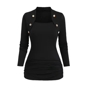 2026  New Arrival Women's Daily Blouses Elegant Solid Long Sleeve Button Decor Top  Breathable