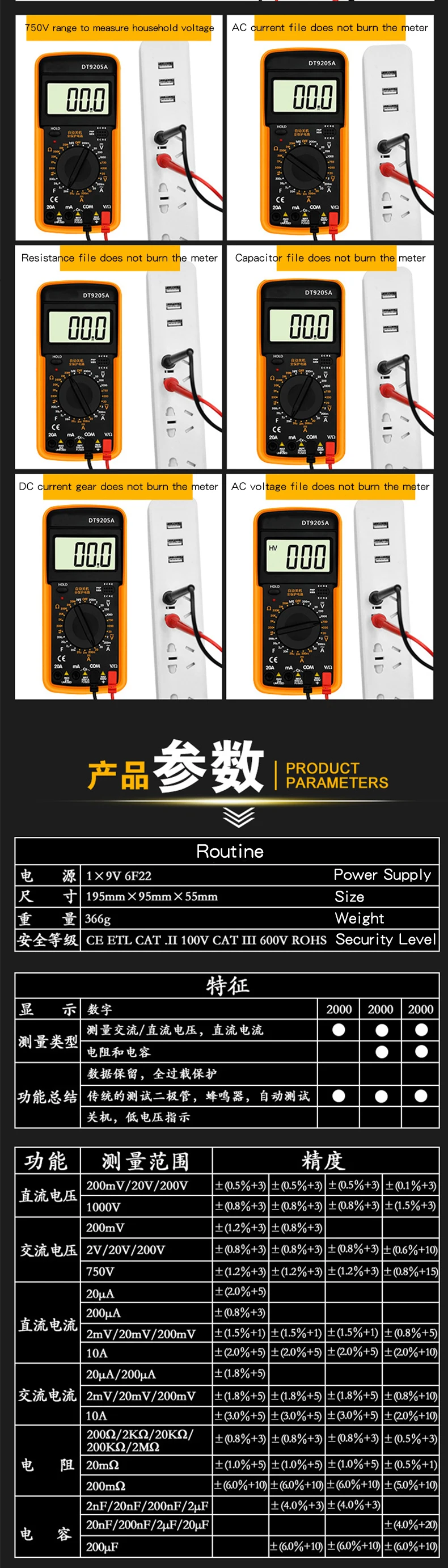 Antiburning Digital Meter Dt9205a Highprecision Automatic Household