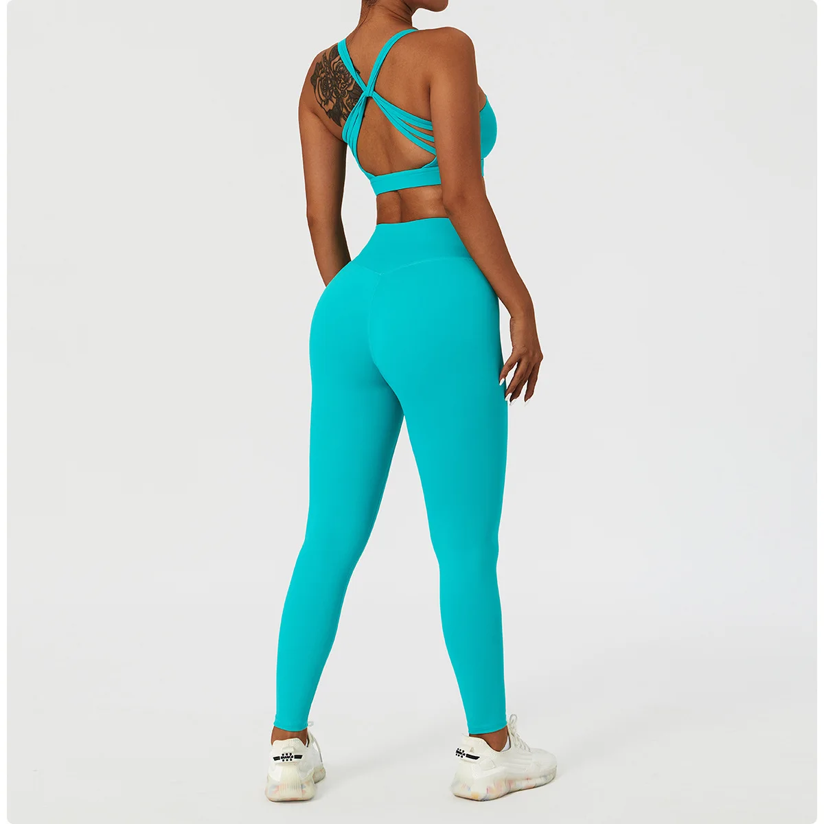 Lcool Women Cross Back Push up Energy Bra Peach Hip Yoga Pant Leggings V  Cut Gym Shorts Pieces Sportswear for Women