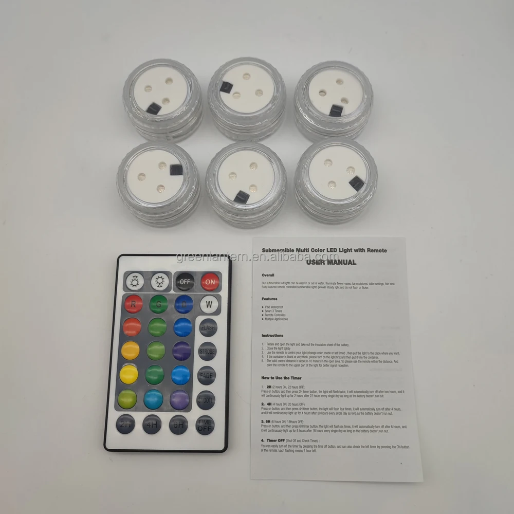 6 Pack Remote Control Rgb Submersible Battery Operated Waterproof Mini ...