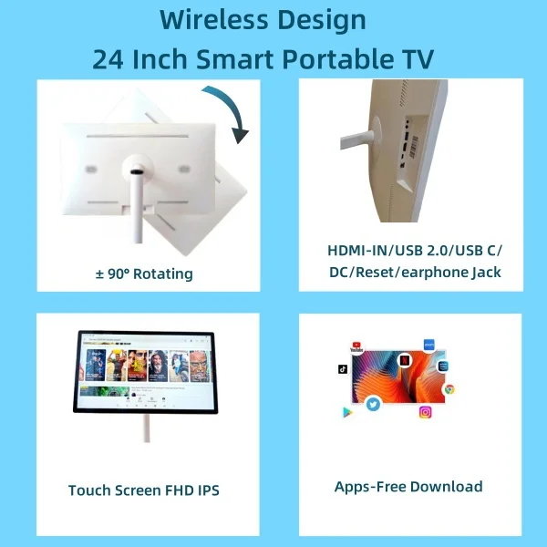 24 Inch Smart TV Rechargeable Touchscreen Monitor LCD Displays Roll-up TV on Wheels Kitchen TV/Learning Machines/Live Streaming