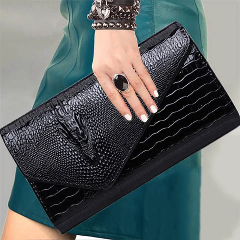 Women\'s Black Crocodile Pattern Clutch Purse Oversized Leather Evening Handbag 71H63zc52QL._AC_UY300_.jpg main image 4