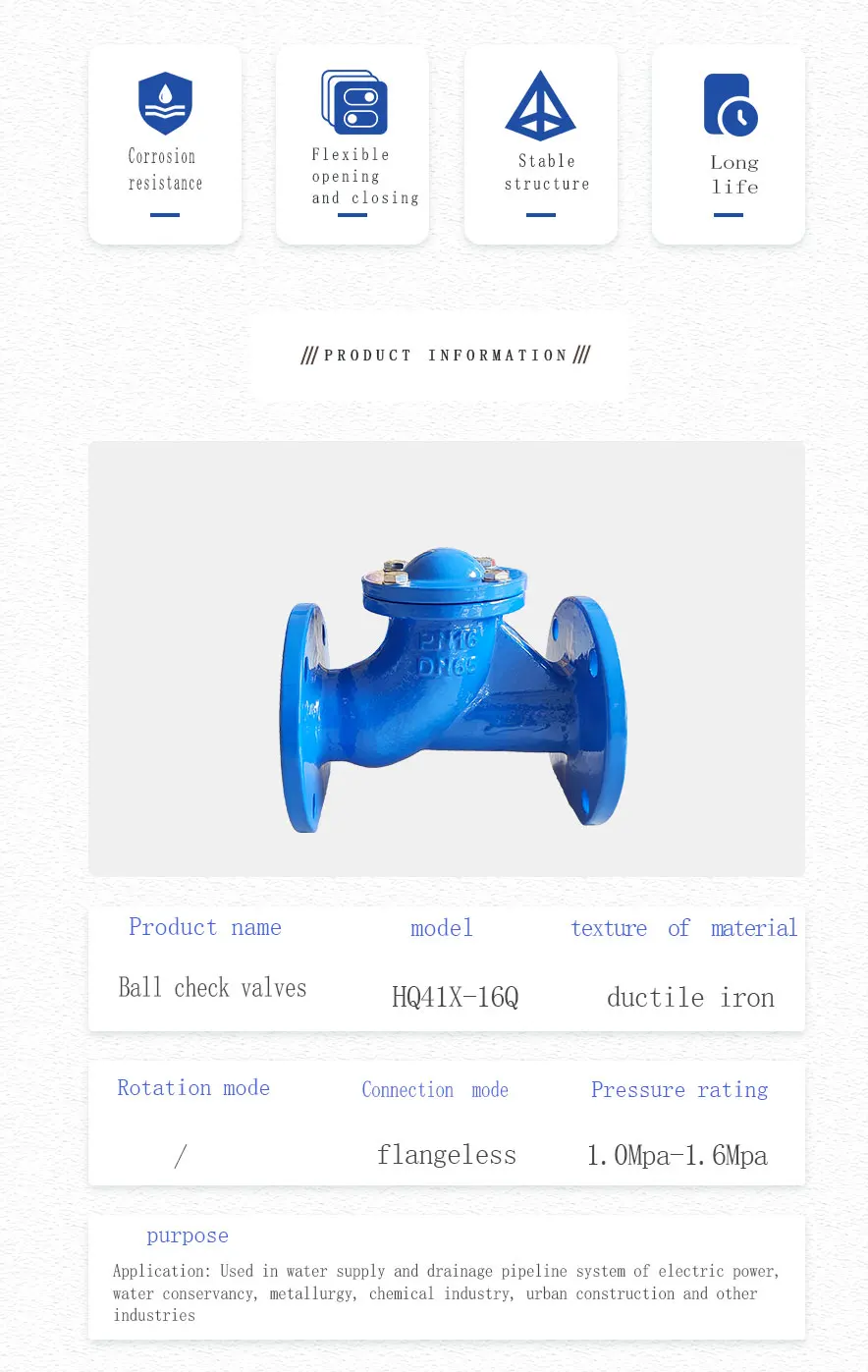 High Quality Ball Check Valves Standard Ductile Iron Blue Flangeless