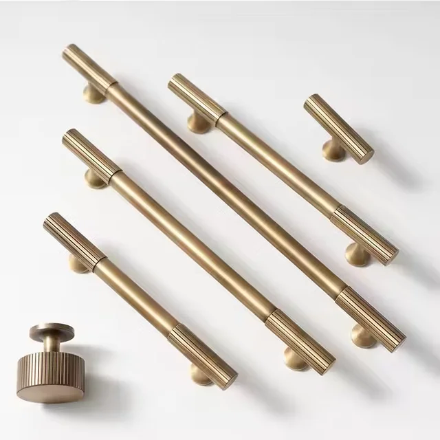 Solid Brass Handles Knitted Ribbed Bedroom Wardrobes Kitchen Cabinet Long Pulls Bronze T-bar Drawers Knobs Door Hardware