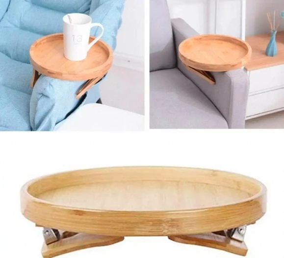 Round Bamboo Storage Rack Armrest Clip Side Table with Wooden Tray for Beverages Telephone Desserts Teahouses