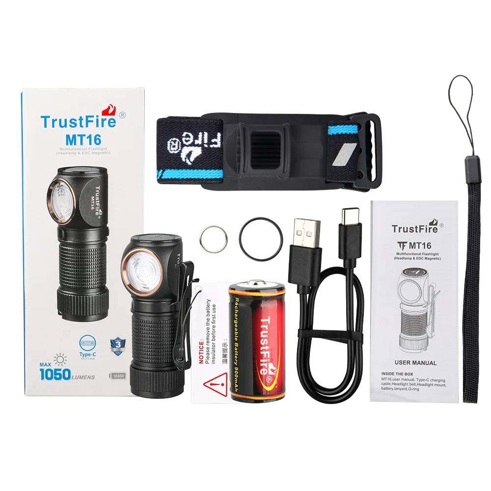 TrustFire MT16 EDC Flashlight Magnetic 1000LM LED Headlamps 18350 Type C Rechargeable MINI Keychain Torch Flashlights