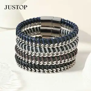 Half-Cuff Fashion Unisex Leather Stainless Steel Bracelet Set Men Bangle Bracelets 18K Gold Plated Strand Chain Logo Custom Gift