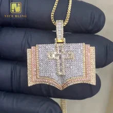 New Design Fine Hip Hop Rapper Jewelry Charm Custom Iced Out Diamond S925 VVS Moissanite Book And Cross Shape Pendant Necklace