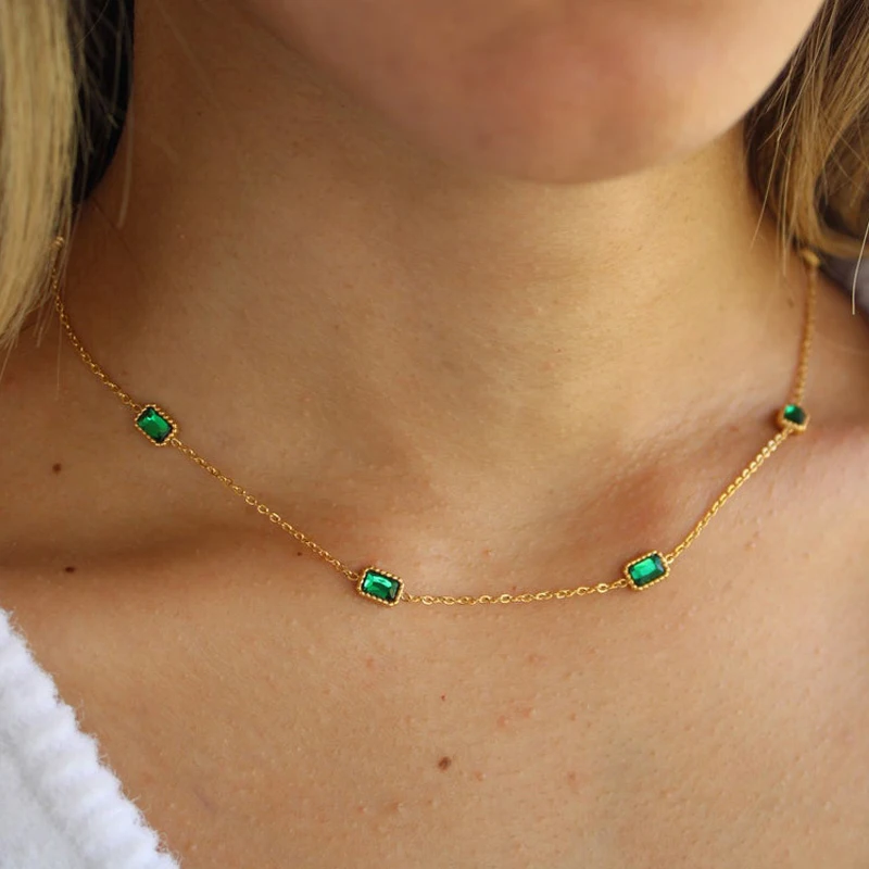 Dainty 18k Gold Plated Stainless Steel Birthstone Necklace for Women Charm Green Zircon Gemstone Necklace Bracelet