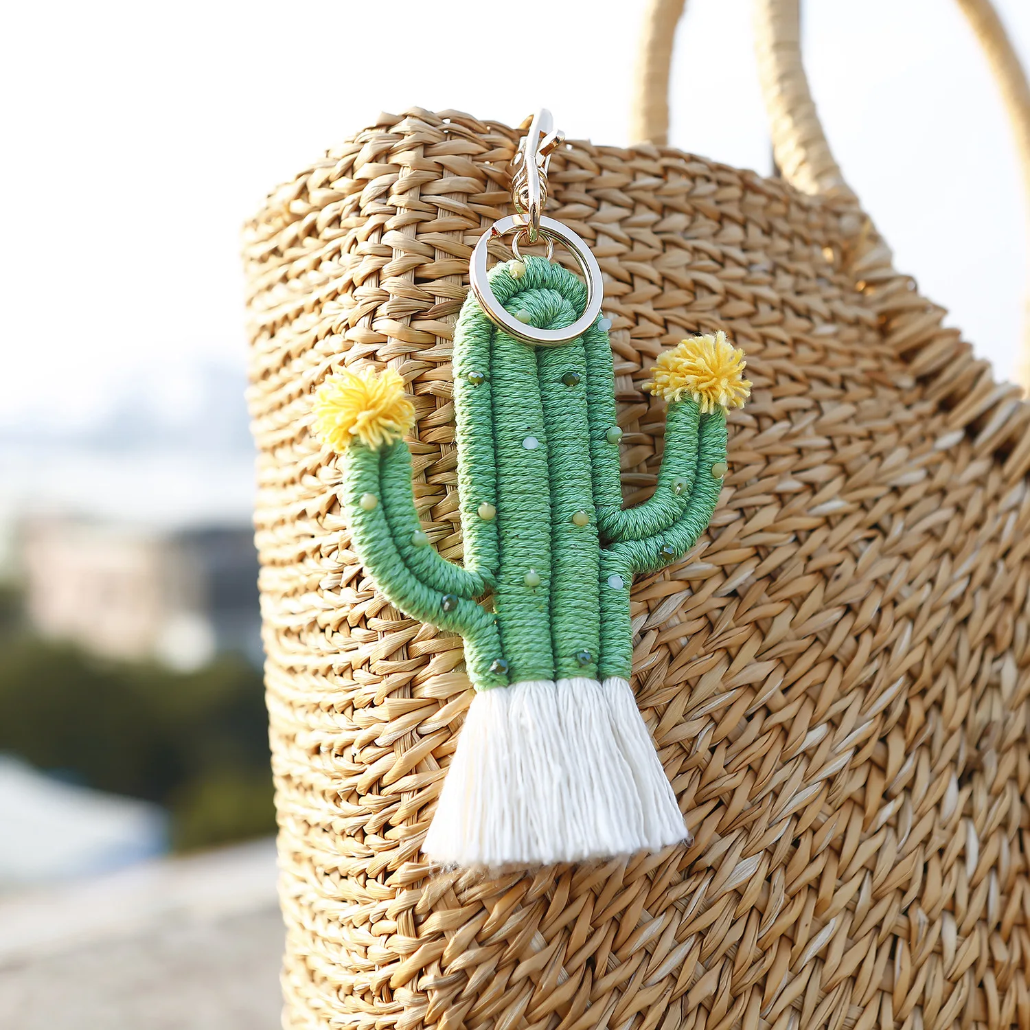 Grner Kaktus Makramee Schlsselanhnger Bohemian Reisperlen Handgewebter  Handgefertigter Taschenanhnger Kaktus-Schlsselanhnger