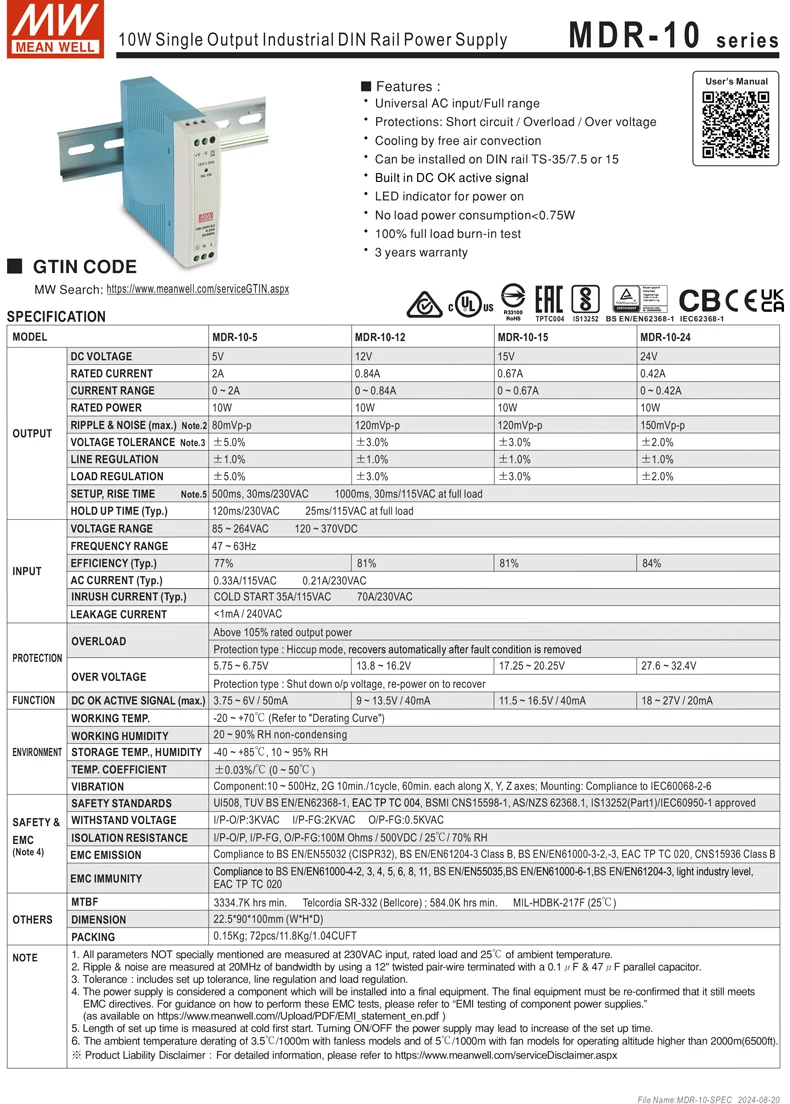 MEAN WELL MDR Series 10W to 100W DIN Rail Mount PSU Low No Load Loss <0.75W for Building Automation and Smart Home