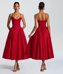 New Arrival Straps V Neck Back Drawstring Design Big Skirt Hem Evening Dress for Ladies