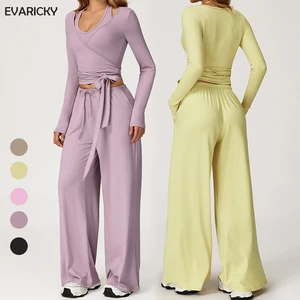 Custom 3 Piece Women Solid High Waist Yoga Set Wide Leg Pants Halter Crop Top Gym Activewear Fitness Workout Casual Sportswear