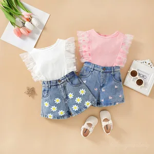 Girls' Casual Summer Fashion Suit Knitted Top + Love Floral Denim Jeans 2-Piece Set for Infants & Kids 1-3-5-7-8Y