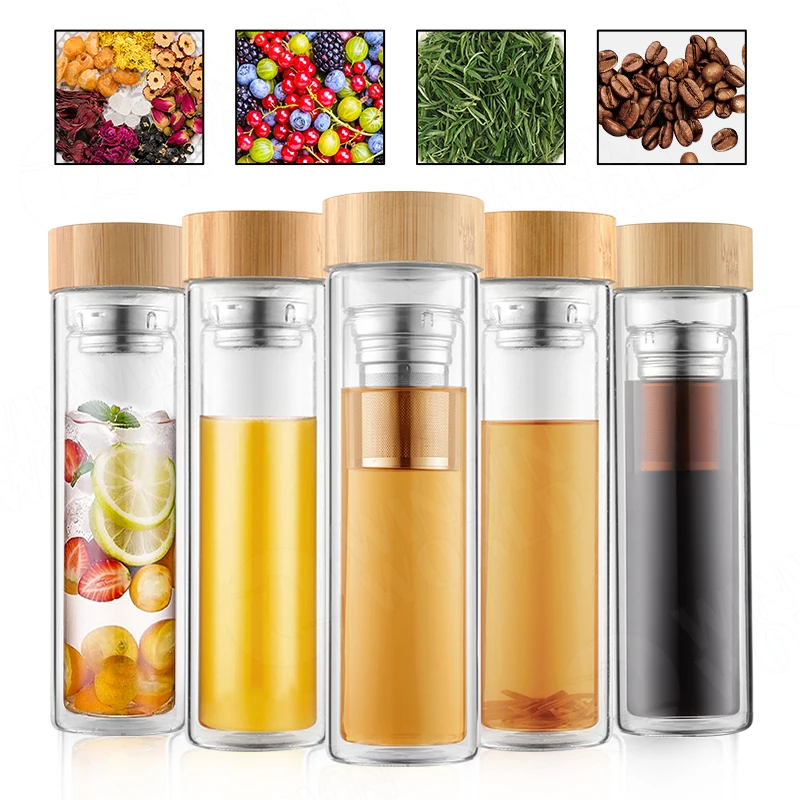 Glass Crystal Water Bottle 450ml,Double Wall Borosilicate Glass Fruit