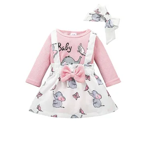 Girls Clothing Sets 2021 Spring Autumn New Cartoon Elephant Romper Printed Suspender Skirt Hairband 3PCS Newborn Baby Clothes