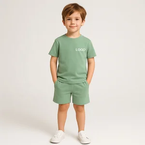 Toddler Boy Summer Outfit Short Sleeve Basic T-Shirt + Elastic Shorts Set 100% Cotton Lightweight Kids Wear Wholesale