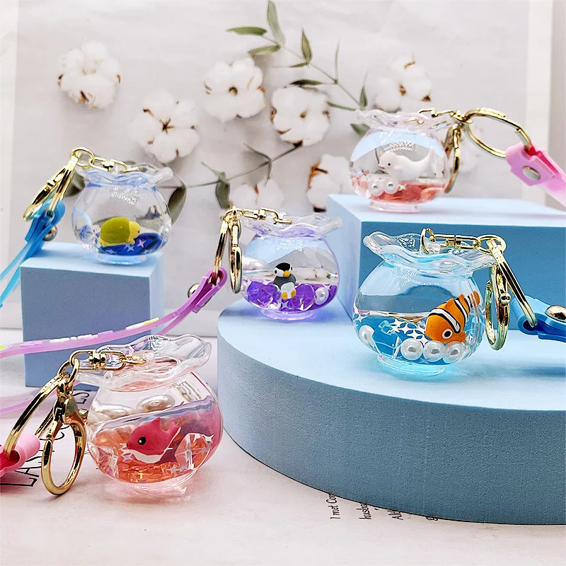 T740 Miniature Ocean Floating Liquid Fish tank 3D Bag Charm Acrylic Transparent Promotional Keychain