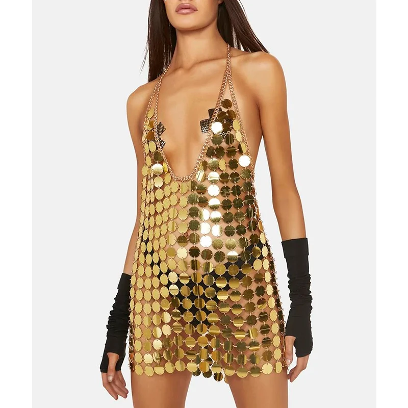 Women Fashion Black Gold Chainmail Sequin Mini Dresses Diana Silver Disc Dress Women Fashion Black Gold Chainmail Sequin Mini Dresses Diana Silver Disc Dress