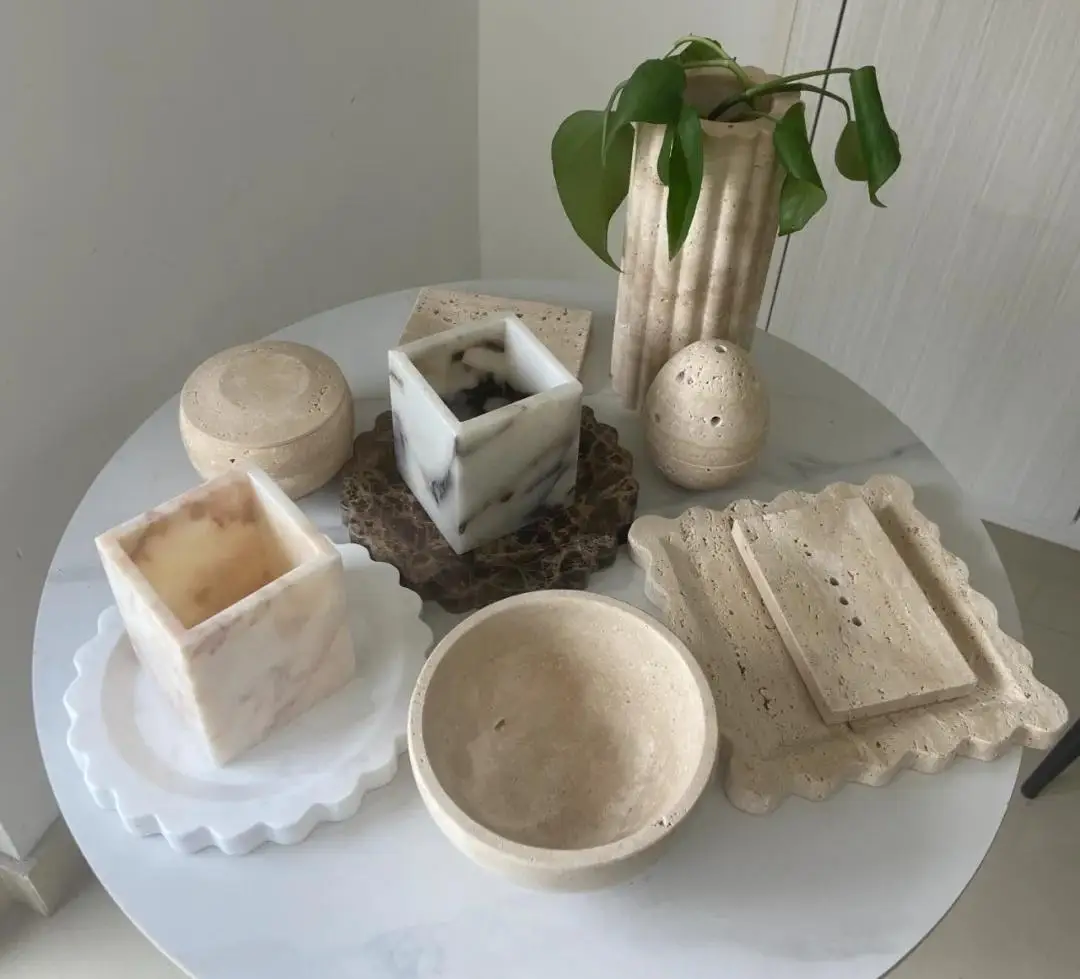 product customizable modern design natural marble stone travertine crafts for villas apartments interior decoration travertine tray-10