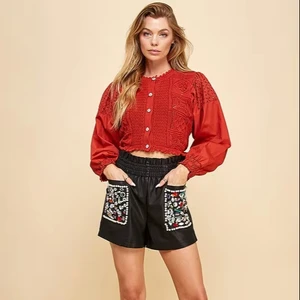 Women's Red Crochet Knitted Basic Tops Long Sleeve Puff Sleeve Crew Neck Y2K Embroidery Button Weekend Shopping/Niche Party