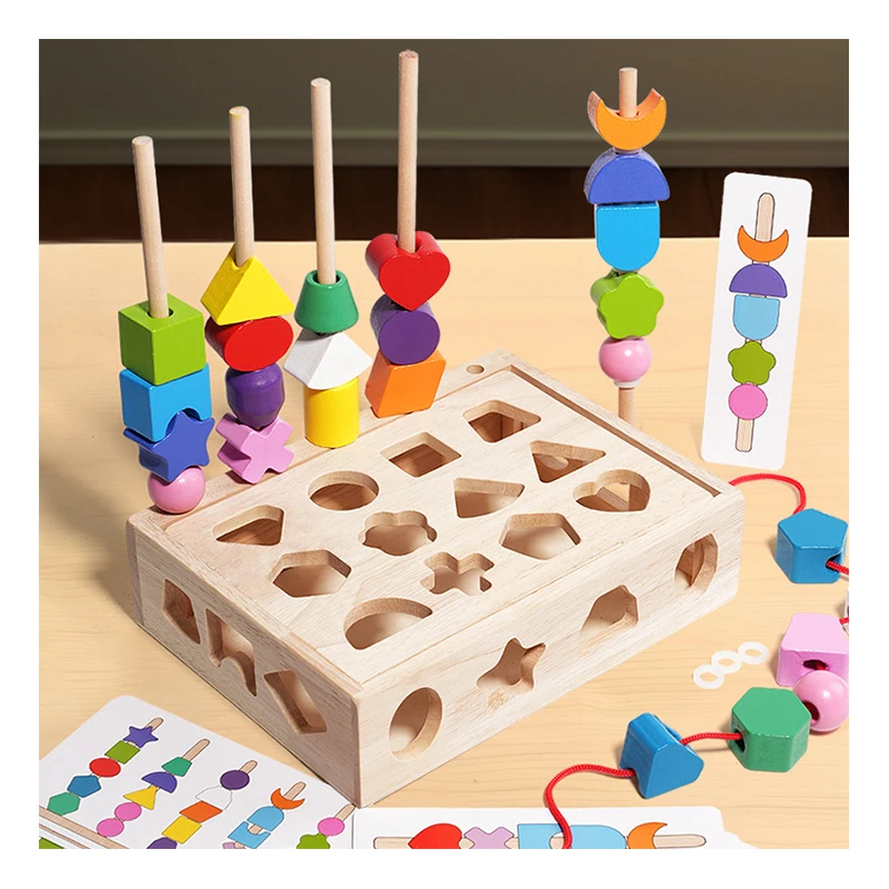 CPC CE 3 in 1 Montessori Geometry Shape Matching Column Toy Educational Stacking Blocks Wooden Lacing Bead Toy for Kids