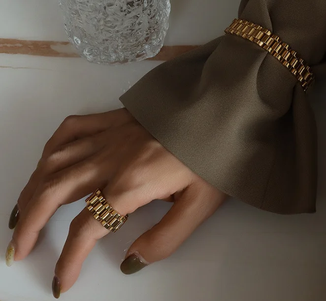 Cuban Chain Link Ring Dainty Stacking Jewelry Stainless Steel Bold Dome Ring 18K Gold Plated Wide Watch Band Ring
