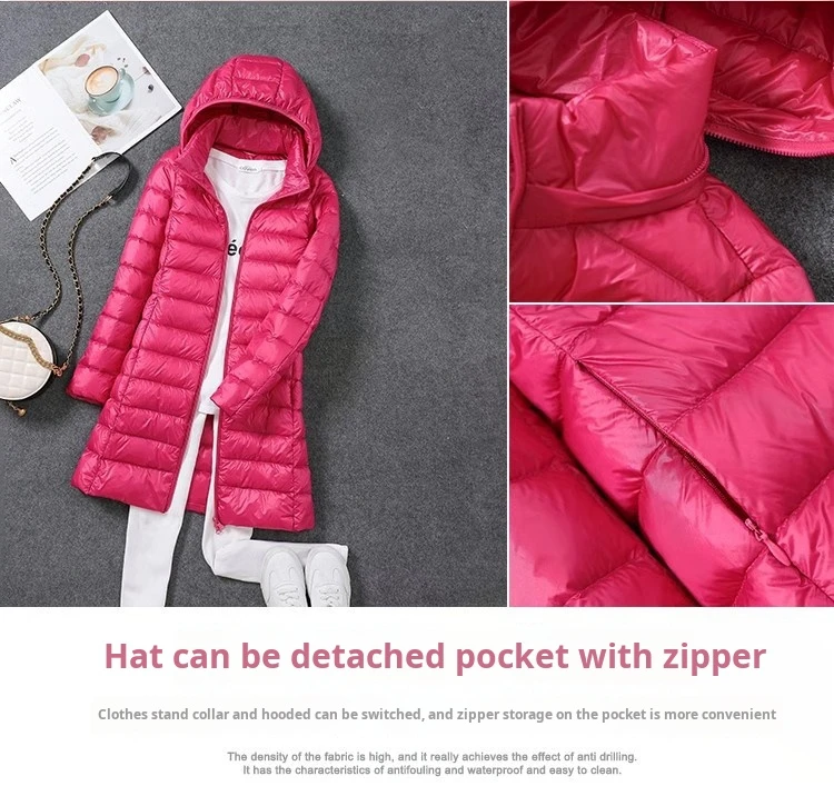 Best Selling Womens Long Thin Eiderdown Slim Hooded Parka Female Portable White Duck Down Jacket