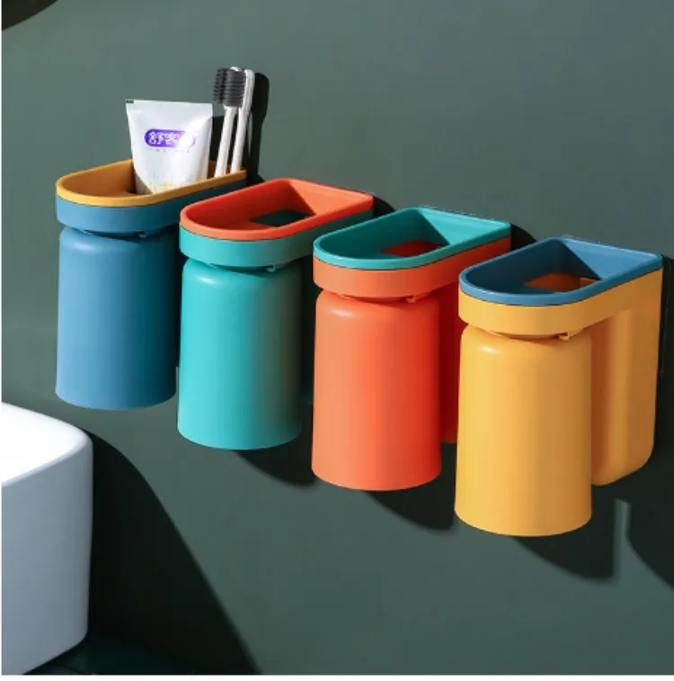 Toothbrush storage rack Non-punch-free light gargle cup Brushing cup wall-mounted bathroom storage box couple's dental jar