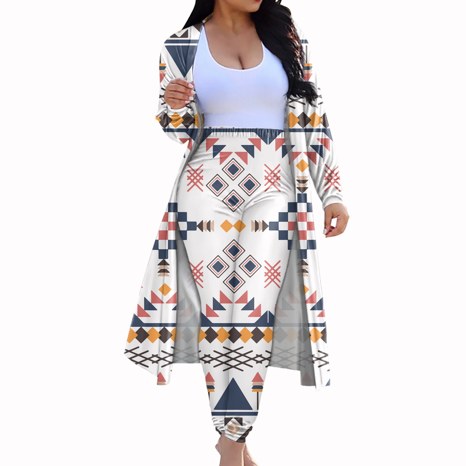 New Arrivals Aztec Design Oversize Cardigan Cloak Skinny Long Pants Women Party Autumn Mexico Tribal Style Kimono Cardigan Sets