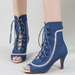 New Women Latin Dance Shoes Party Ballroom Pole Jazz Soft Sole High Heel Dance Shoes Breathable Lace-up Dance Boots 34-45