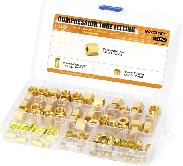 100PCS Brass Compression Fitting Kit,Sleeve Ferrules&Insert Tube Support&Ferrule head,1/4" Tube OD