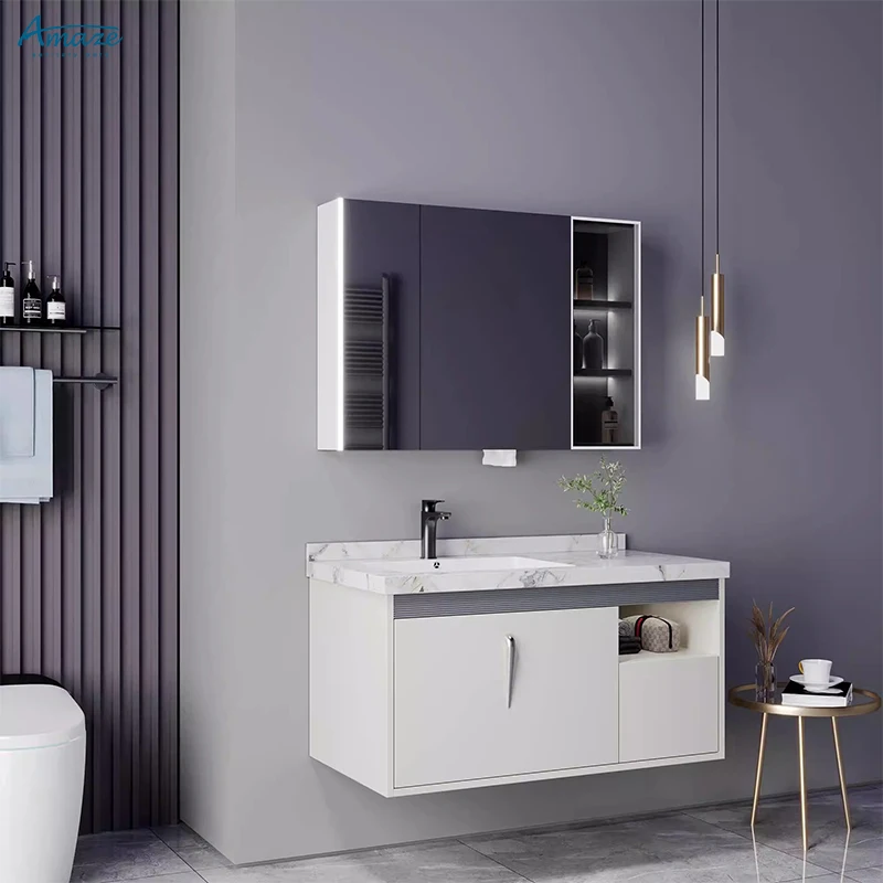 New design wall-mounted hotel bath decoration modern vanity basin bathroom cabinet mirror supplier