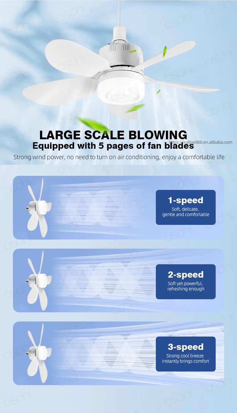 现代E27发光二极管吊扇，带浅白色可拆卸叶片遥控器，室内使用卧室厨房小ABS主体