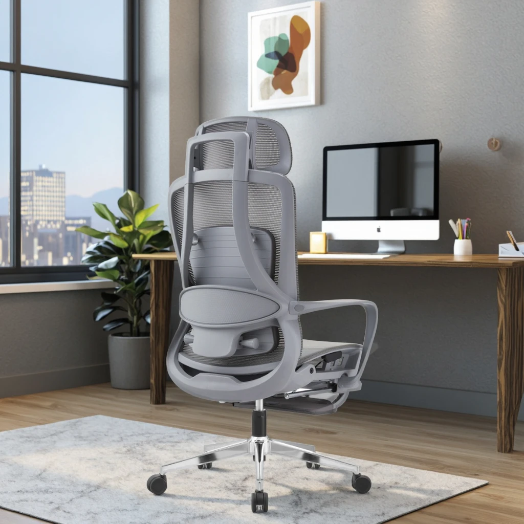 Gray Ergonomic Lift Chair Adjustable PU Modern Design Aluminum Footrest Plastic Legs Enhanced Comfort 6