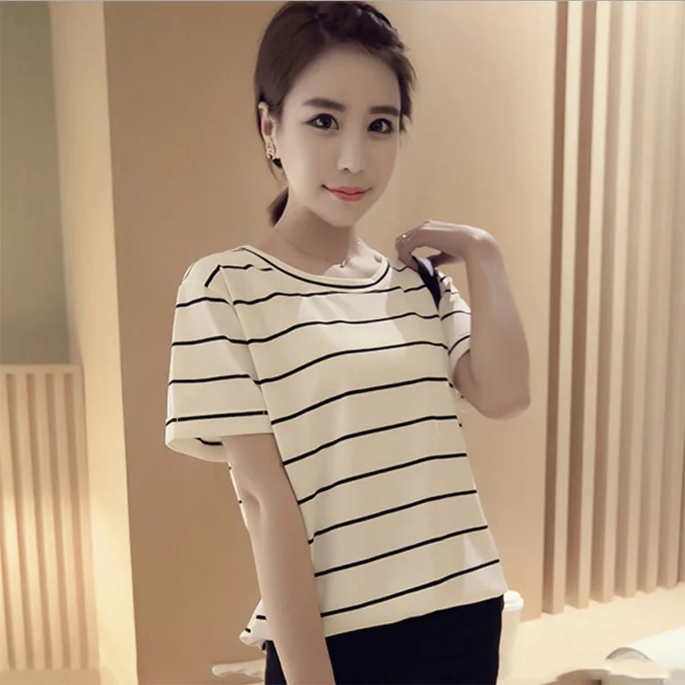 Fashion Women Girls New Style Short Sleeve Stripe T-shirt Korean Casual Tops 