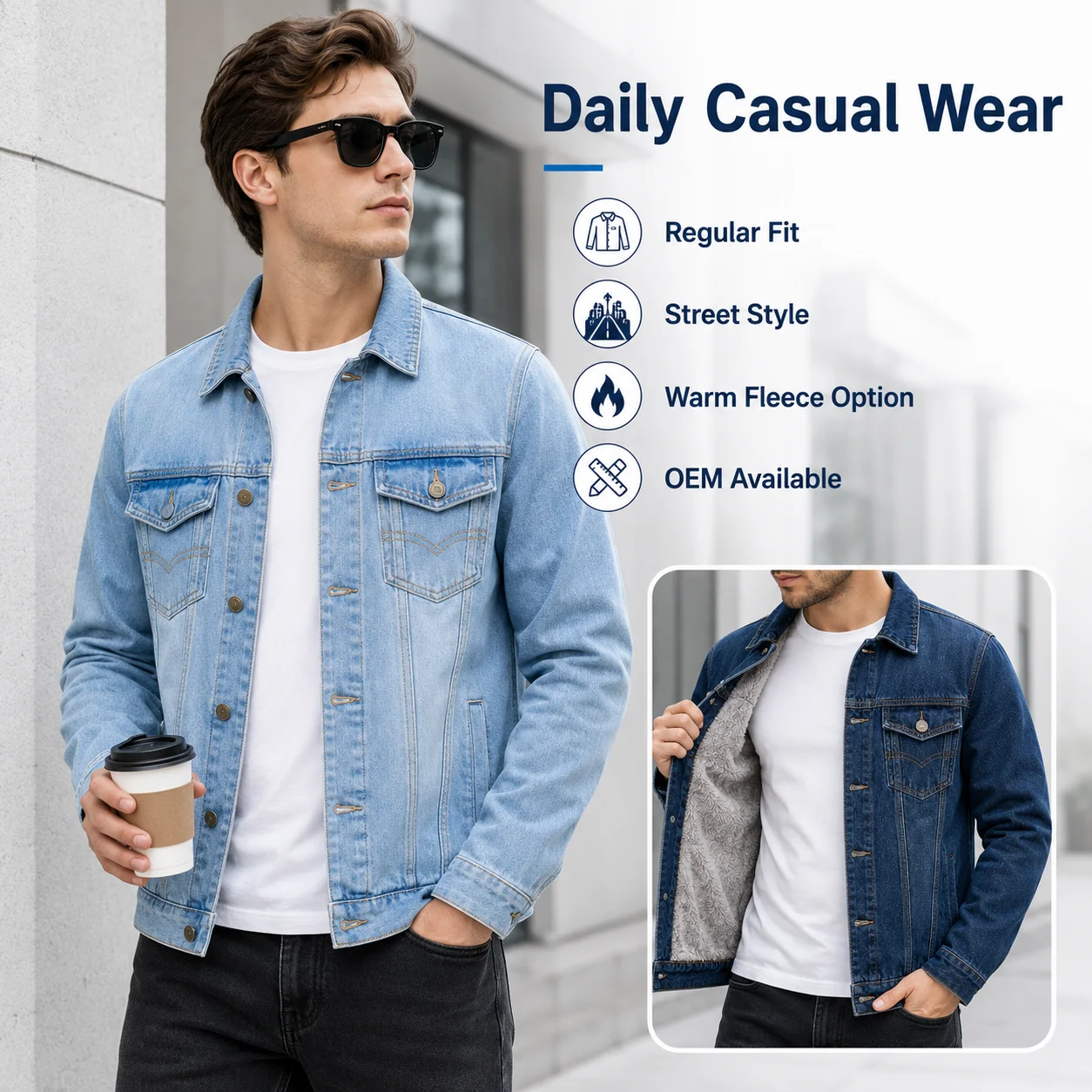 Fleece-lined Thickened Denim Jacket for Men Winter New Warm Casual Streetwear Loose Top One Piece Drop Shipping Cotton Heart