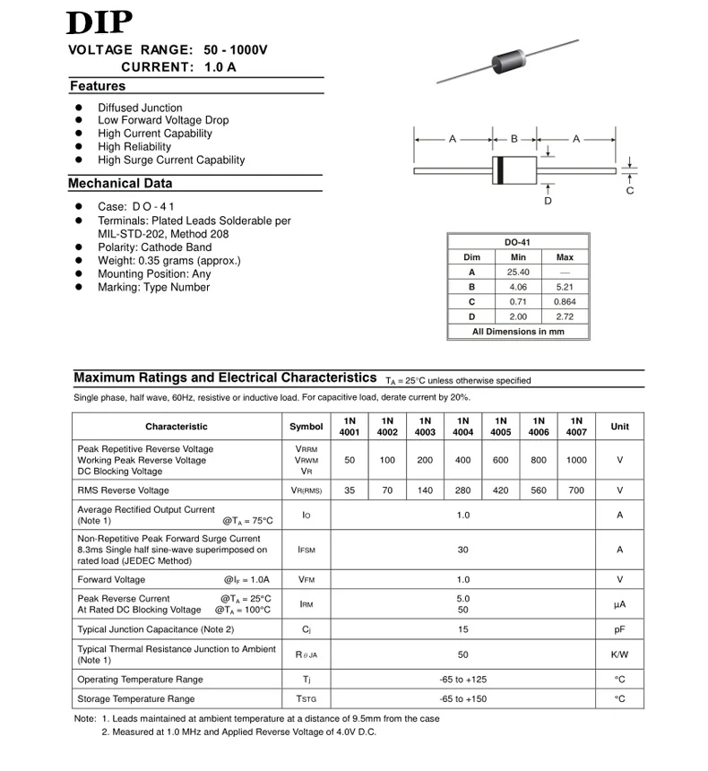 1000v Do41 Tapping Diode In4007 M7 1a 1kv Do214ac General Silicon