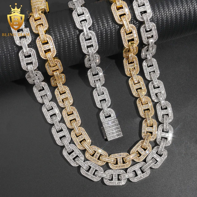 New Design Hip Hop Accessory 18k gold Plated 15MM Baguette Cuban link chain Brass Zircon Diamond Miami Cuban Chain and Bracelet