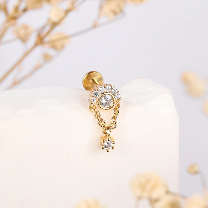 POENNIS 18K Gold Plated Helix Pierced Thread Earring Stud  Women Piercing Jewelry with Chain Link Rook Piercing Earrings