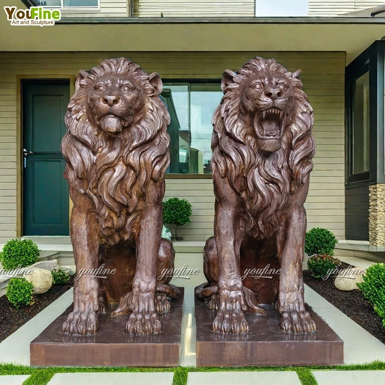 Outdoor Life Size Bronze Animal Garden Sculptures Antique Brass Lion Statue