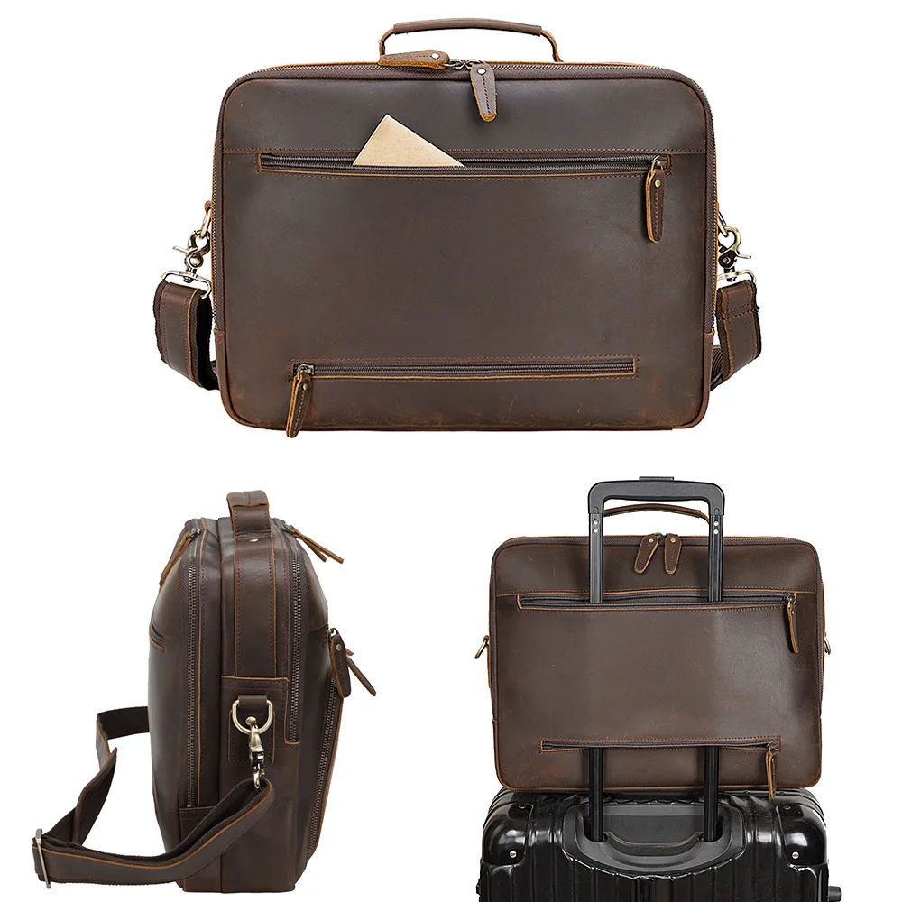 Hot Sale Custom Logo Materia Real Full Grain Leather 15 Inch Laptop Briefcase Office Bag Crazy Horse Genuine Leather Briefcase